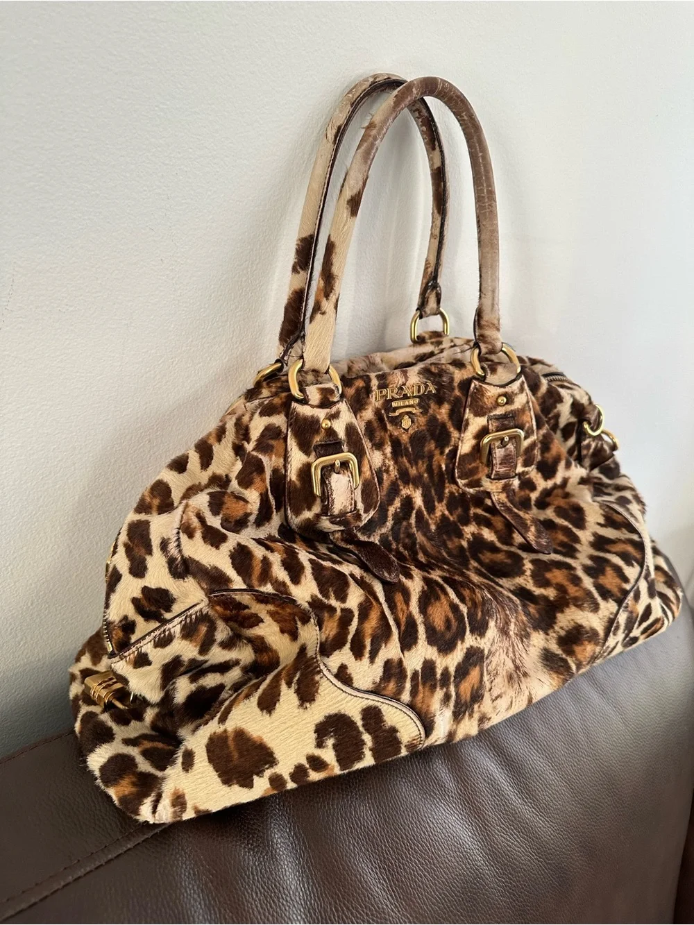 Prada Leopard-Print Calf Hair Satchel - Brown/Black/Beige bag / tote
